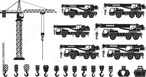 Comprehensive Vector Collection of Heavy Construction Cranes and Industrial Lifting Hooks for Building Site Equipment and Infrastructure Projects