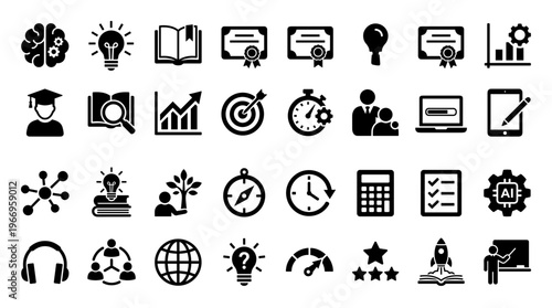 Collection of education and business icons representing learning growth strategy and success in a modern digital world