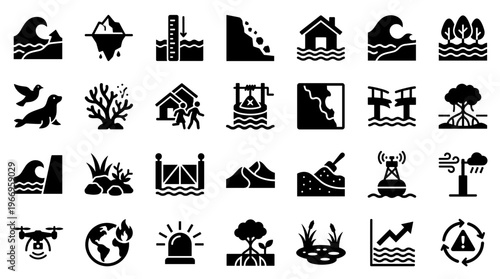 Collection of environmental disaster and natural phenomenon icons representing climate change and ecological challenges