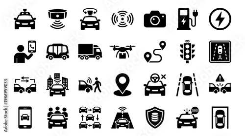 Collection of autonomous driving technology icons representing smart transportation, electric vehicles, and future mobility concepts
