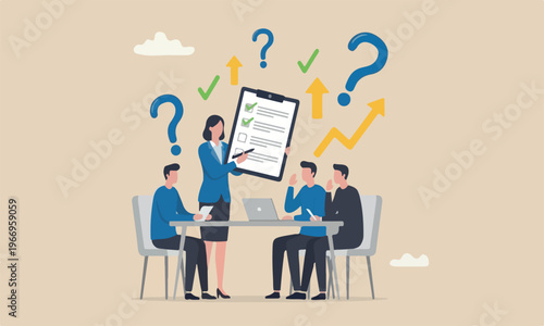 Evaluation or, rating meeting teams together pink bank performance review for improvement, satisfaction feedback checklist, appraisal or measure performance, businesswoman giving tick on evaluation