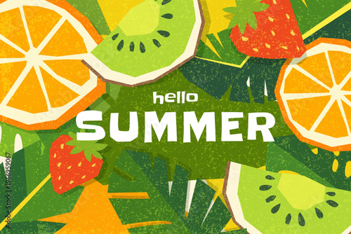 Hello summer tropical fruit banner with kiwi, orange and strawberry
