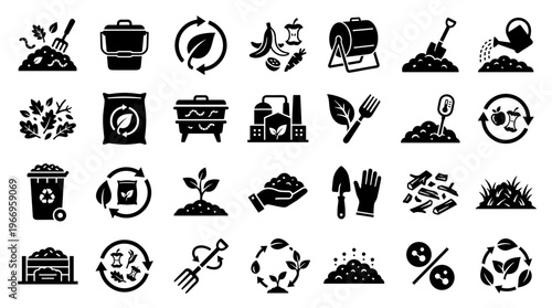 Composting and Recycling Icons Set for Sustainable Living and Organic Waste Management