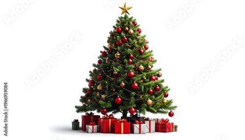 A fully decorated evergreen with ornaments and star topper, surrounded by wrapped gifts. White background