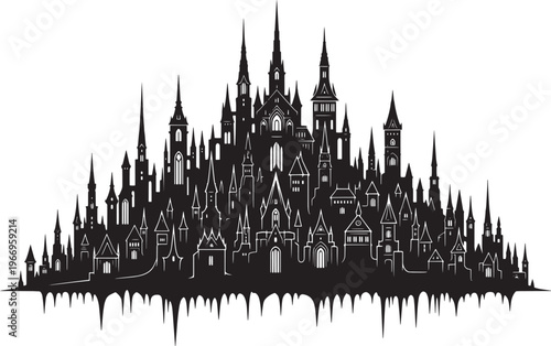 Mysterious silhouette of an ancient, sprawling gothic city, its countless spires reaching for a hidden sky, evoking a timeless fantasy realm of enchantment and forgotten tales