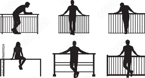 Vector silhouettes depicting individuals in various poses, leaning, standing, and sitting by railings and benches, abstractly representing concepts of urban contemplation and leisure moments