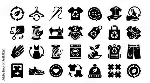 Sustainable fashion icons set representing recycling clothing manufacturing and eco friendly textile industry concepts