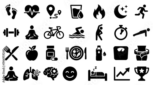Healthy Lifestyle Icons Set Representing Fitness Nutrition Wellness And Medical Care Concepts