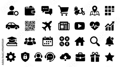 Collection of modern flat design icons representing various concepts like business, technology, communication, travel, finance, education, and lifestyle for web and app interfaces