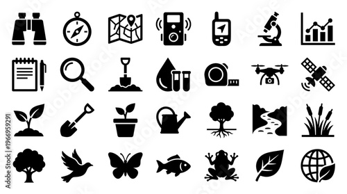 Collection of ecological and scientific research icons representing nature conservation technology and environmental exploration tools for nature study and environmentalism