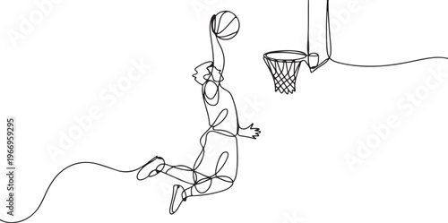 Basketball dunk continuous line. Continuous one line drawing of basketball player jumps high to score with slam dunk. Basketball man action concept. one line Icon drawing
