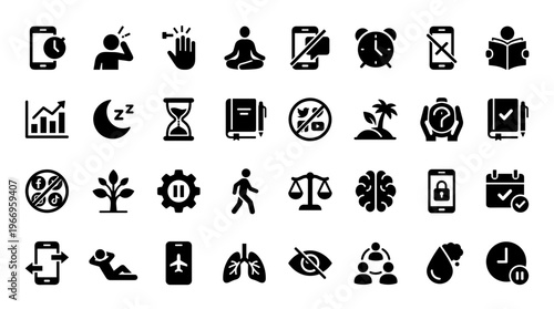 Collection of Icons Representing Health Wellness Productivity and Technology Concepts