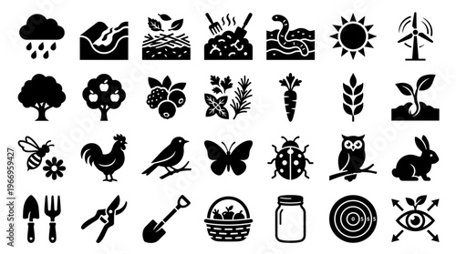 Collection of farming and gardening icons representing nature plants animals weather and tools for agriculture and organic cultivation