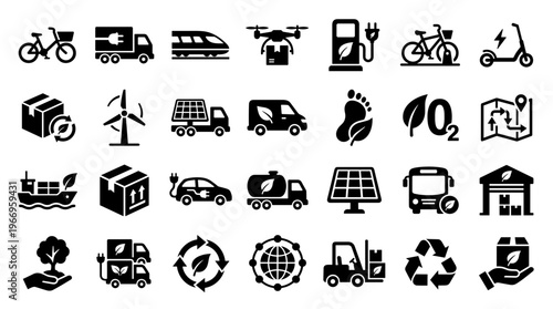 Sustainable transportation and logistics icons representing eco friendly delivery and green energy solutions for a cleaner planet