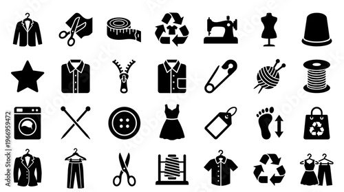 Collection of sewing and tailoring icons representing fashion design, clothing creation, and garment care with a clean, modern aesthetic