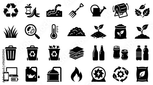 Collection of Icons Representing Recycling Composting Waste Management and Environmental Sustainability Concepts