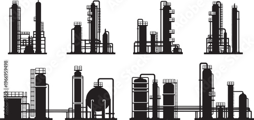 A comprehensive collection of diverse industrial plant silhouettes, representing complex manufacturing and energy production facilities in various configurations