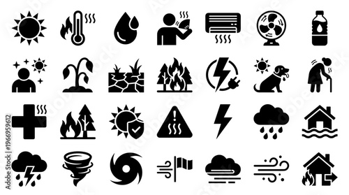 Collection of weather and climate change icons representing extreme weather events and natural disasters including heat lightning storms and drought