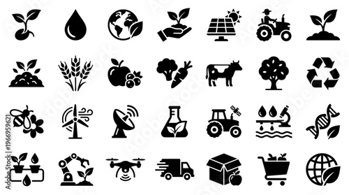 Modern agriculture icons representing farming technology innovation and sustainability concepts like growth, water, and renewable energy