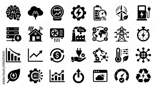 Collection of icons representing renewable energy technology artificial intelligence and environmental sustainability concepts