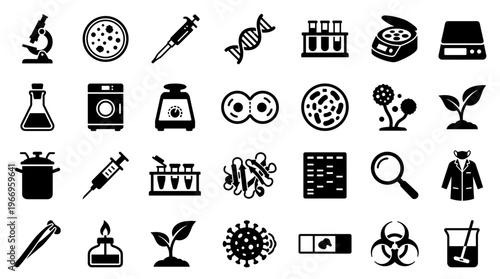 Collection of science and laboratory icons representing research and medical discovery