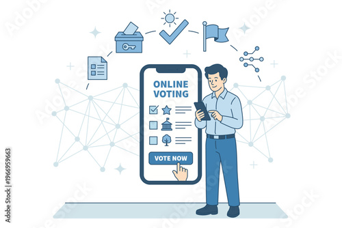 Online voting system on smartphone screen. Male character participating in digital elections. Secure remote voting, innovation, government and citizenship. Electronic choice concept. Flat line vector.