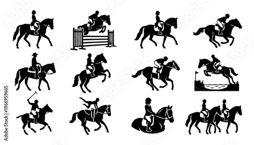 Horse Riding and Equestrian Sport Silhouette Icon Set – Jumping, Dressage, Racing and Riding Activities