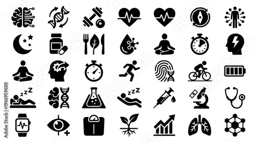 Collection of health and wellness icons representing fitness, science, medicine, and healthy lifestyle concepts