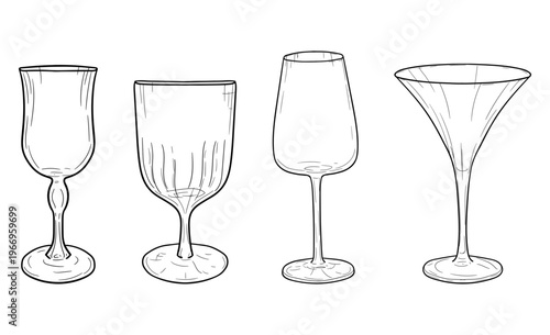 Wine or cocktail glasses, hand-drawn sketch. Vector illustration. Martini glasses, simple set isolated on a white background