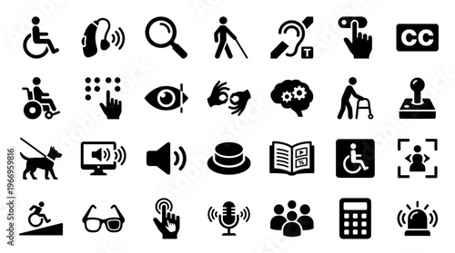 Collection of accessibility icons representing diverse needs and assistive technologies for inclusion and universal design