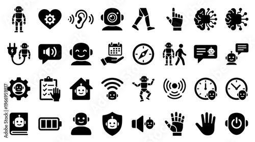 Collection of robot and artificial intelligence icons representing technology, communication, and human interaction in a modern digital world