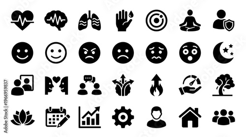 Collection of diverse icons representing health emotions relationships growth and life concepts in a clean black and white graphic style