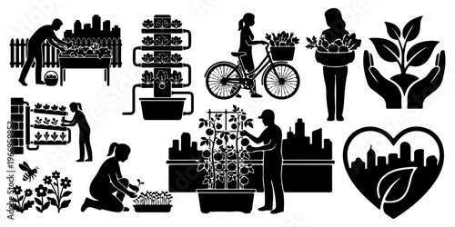 Urban gardening and sustainable lifestyle silhouettes set. Vector collection of people growing vegetables, vertical farming, hydroponics, and eco-friendly city life icons isolated