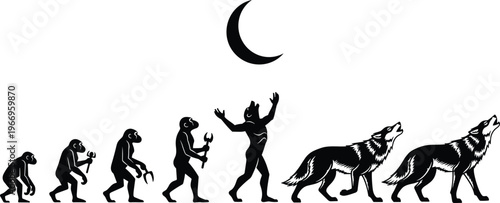 Human evolution silhouette to werewolf transformation with wolves and moon myth concept vector illustration isolated on white background for fantasy folklore and horror design