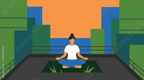 Mindfulness and Urban Yoga Concept Woman Sitting in Lotus Pose on Rooftop at Sunset with Modern City Skyline, Flat Design