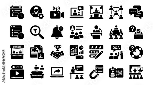 Collection of Business and Technology Icons Representing Meetings Events Online Communication and Data Analysis with Modern Flat Design