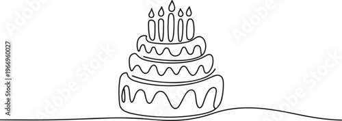 Continuous one line drawing of birthday cake in minimalist style isolated outline vector illustration. one line Icon drawing