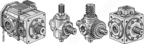 Industrial gearbox and gear mechanism set detailed engineering line art illustration of mechanical transmission components isolated on white background for manufacturing and machinery design