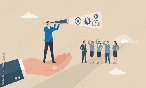 Vision to see, or meeting teams together career development, success opportunity or visionary to see journey ahead concept, businessman stand on support hand look into telescope vision.