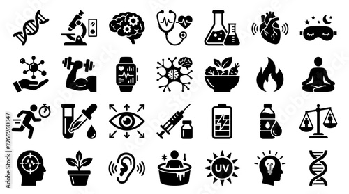 Collection of health and wellness icons representing science medicine fitness and healthy lifestyle concepts