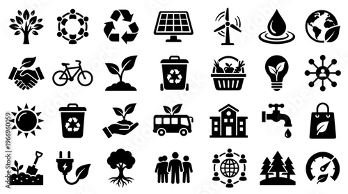 Collection of environmental conservation and sustainability icons representing eco friendly living renewable energy and green technology solutions