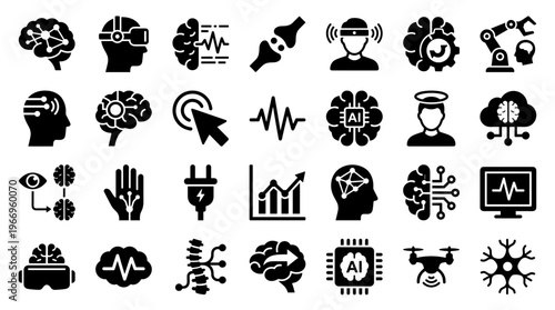 Collection of AI and technology icons representing artificial intelligence, machine learning, robotics, and neuroscience concepts