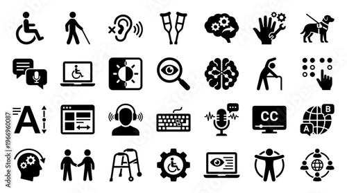 Collection of accessibility icons representing diverse needs and assistive technologies for inclusion and support