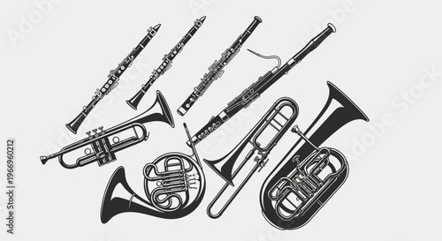 Vintage Orchestra Instruments Collection: Brass, Woodwinds, Trumpet, Trombone, Tuba, French Horn