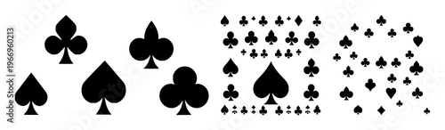 Card suits set with bold black silhouette graphics on a white background featuring playing card icons, abstract shapes, clear outlines with minimalist style and silhouette design