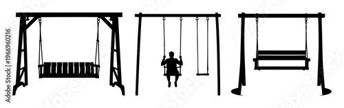 Swing set set with black silhouette against white background featuring outdoor play equipment, playground items, children accessories with safety and green grass