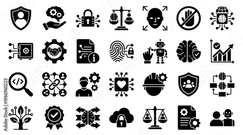 Collection of modern technology and business icons representing security data analysis artificial intelligence and digital innovation