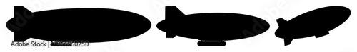 Blimp set with black silhouette against white background featuring aircraft, hot air, vintage with flight, travel and aviation