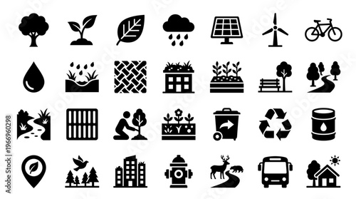 Collection of eco friendly icons representing nature sustainability green energy and urban life elements