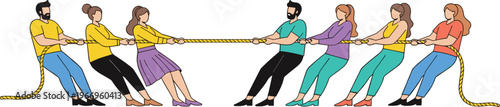 Team tug of war illustration showing diverse people pulling rope in opposite directions teamwork competition concept vector isolated on white background business challenge concept